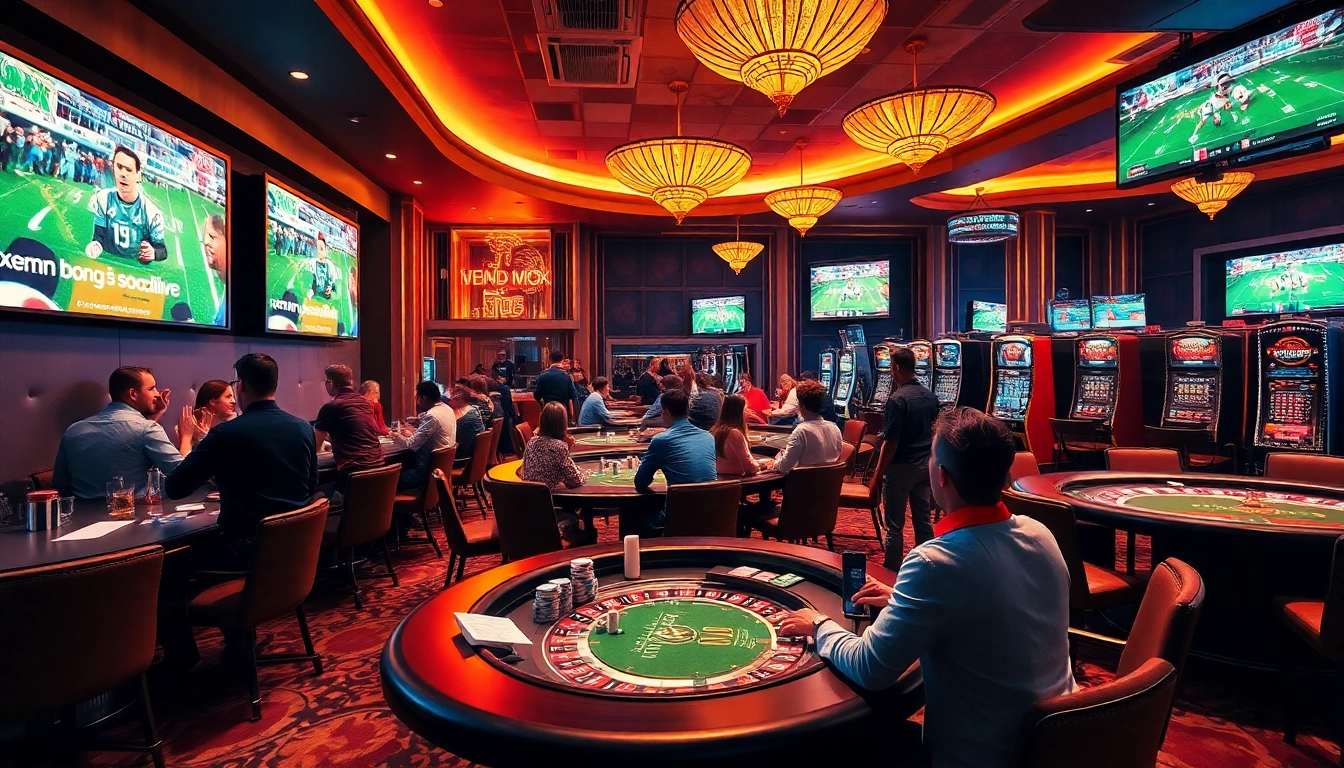 Experience the thrill of xem bóng đá socolive at a vibrant casino, showcasing live football games alongside thrilling gambling action.