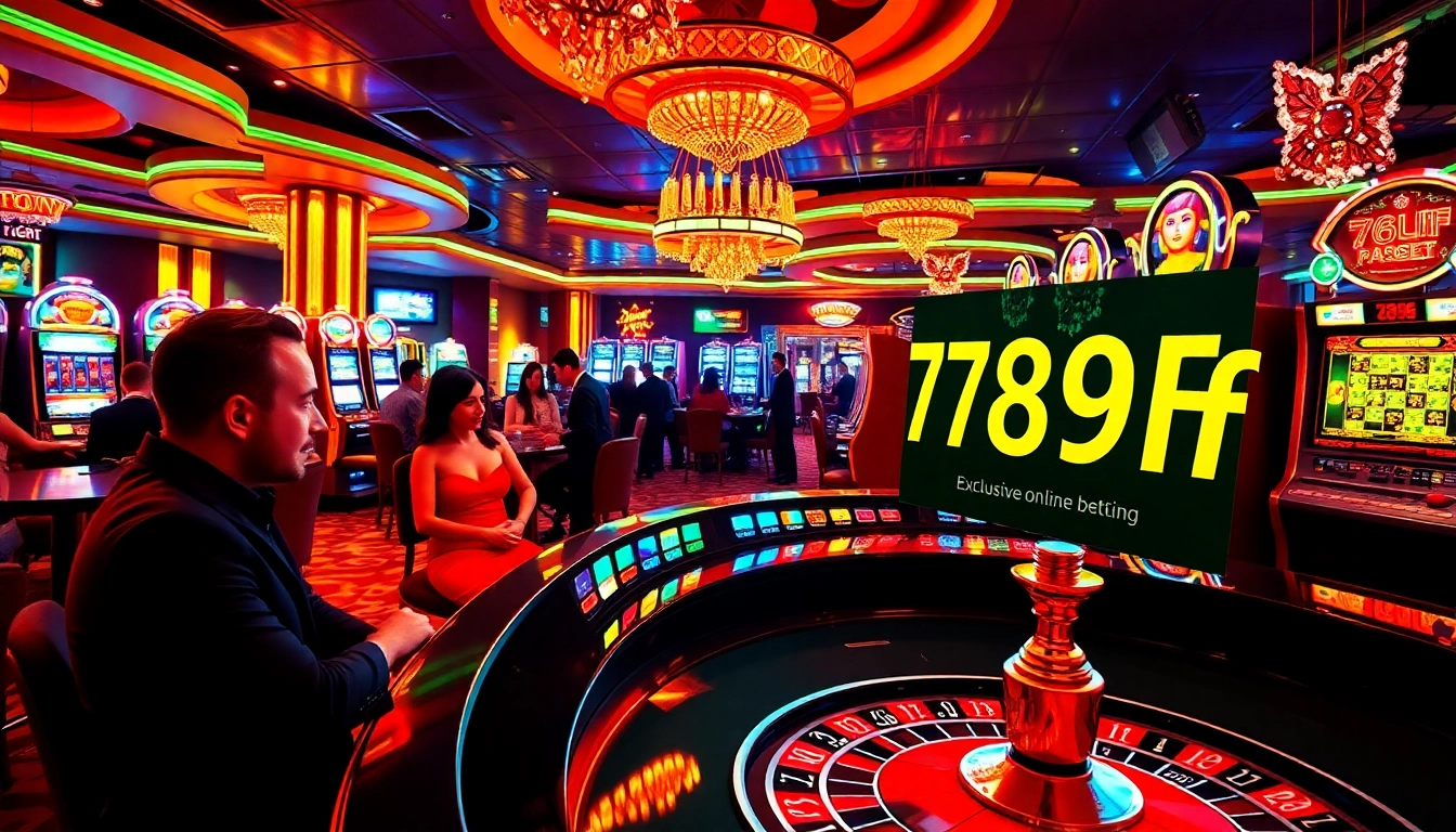 The 789f link showcases an exclusive online betting experience amid a vibrant casino atmosphere filled with roulette and poker games.