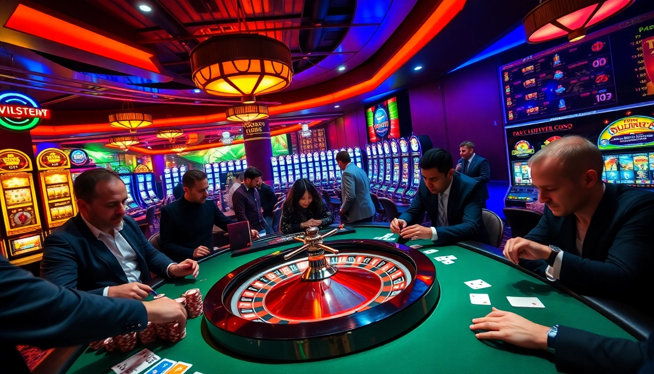 Experience cakhia tv in an electrifying casino scene featuring players at roulette and card games.